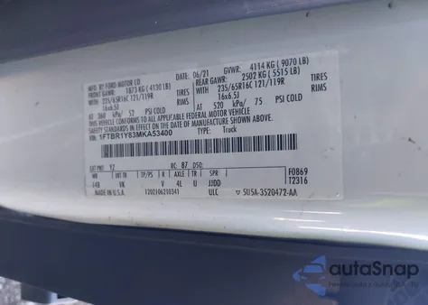 2021 Ford Transit-250 z USA, uszkodzony, nr VIN 1FTBR1Y83MKA53400